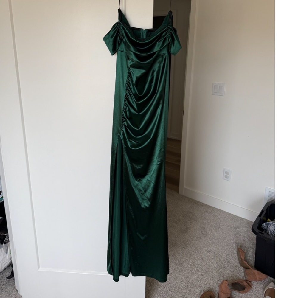 SHEIN Off the Shoulder Dark Green Satin Dress